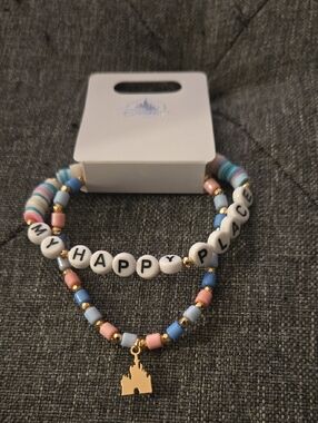 Disney Beaded Bracelet Set - Pastel Blue, Pink & White with Gold Castle Charm